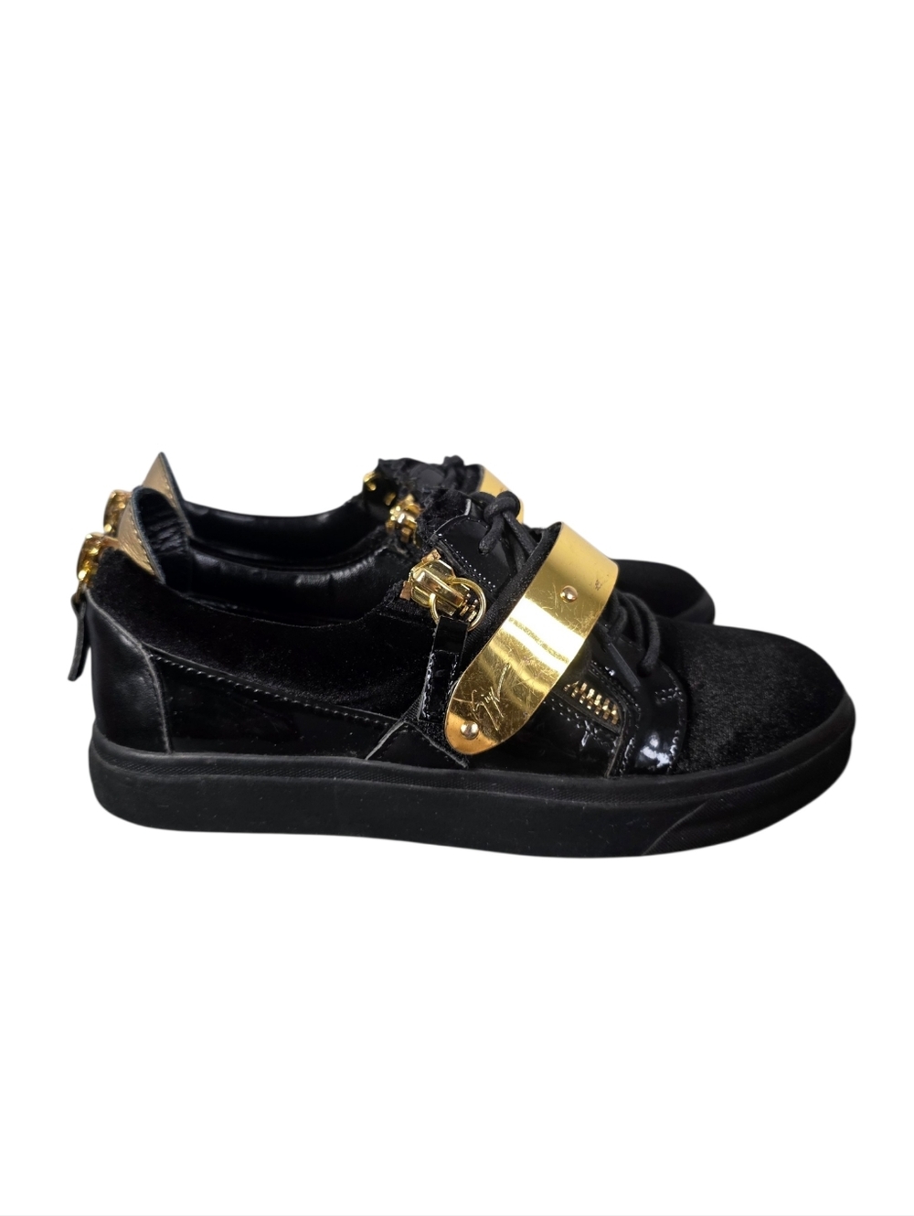 Giuseppe Zanotti Sneakers Black Velvet Gold Plate Low Top Designer Shoes Womens